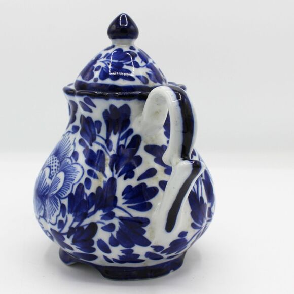 Vintage Blue White Porcelain Teapot Floral Design Small Hand Painted Asian Style - Picture 6 of 6